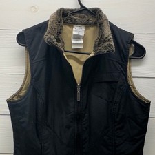 Columbia Puffer Vest Womens Small Black Excellent Faux Fur Collar Full Zip Rev