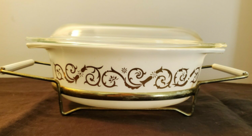VTG Pyrex 043 Empire Scroll 1.5qt Oval Casserole with Clear Lid 