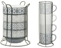 4Pack Jumbo Embossed Stacking Mugs Rack Hold / Geometric Embossed Stacking Bowls