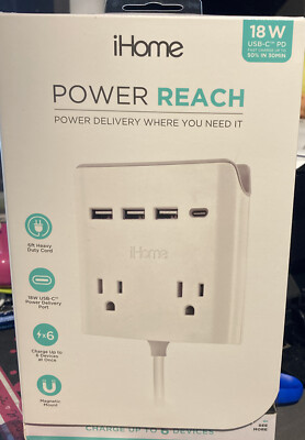 iHome Power Reach Multiple Plug Outlet Extender with 2 Outlets, 4-Port USB Wall 