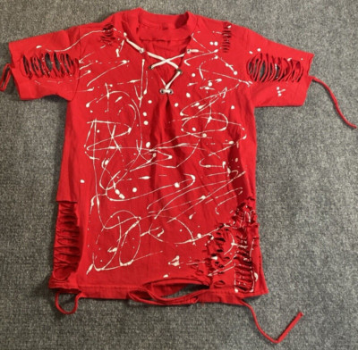 Top Women Small Red White Paint Splatter Lace Up Destroyed Art Tunic Long Artist