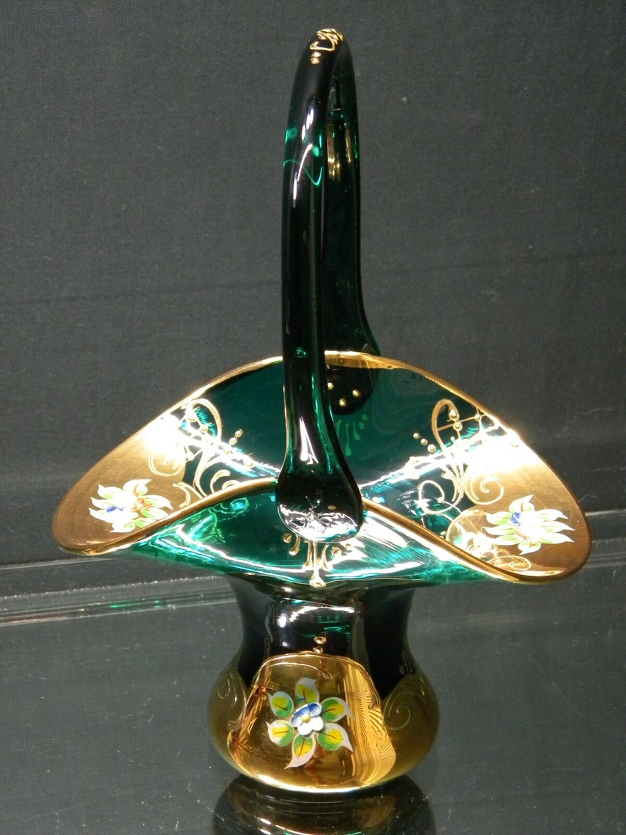 Vintage Murano Teal Green Glass Basket With Enameled Flowers
