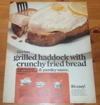 1971 VINTAGE GROSSER WERBUNG GEGRILLTER SCHELLFISCH MIT KNUSPRIGEM GEBRATENEM BROT & PETERSILIENSAUCE
