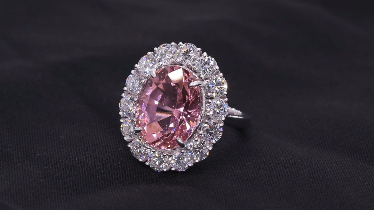 15.07 TCW Pink Tourmaline Lab Grown CVD Diamond Ring Gift 18k