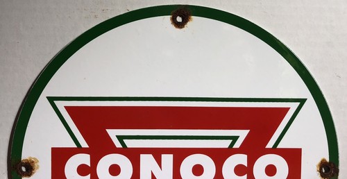 VINTAGE CONOCO GASOLINE TRIANGLE 11.75" PORCELAIN OIL SIGN PUMP PLATE - Picture 4 of 6