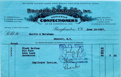Lot (2) 1927 Brooks Candy Co. Confectioner Invoice Letterhead Binghamton NY VTG