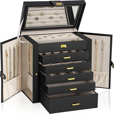 Jewelry Box Organizer Functional Ex Large PU Leathe 6-Layer Storage Black