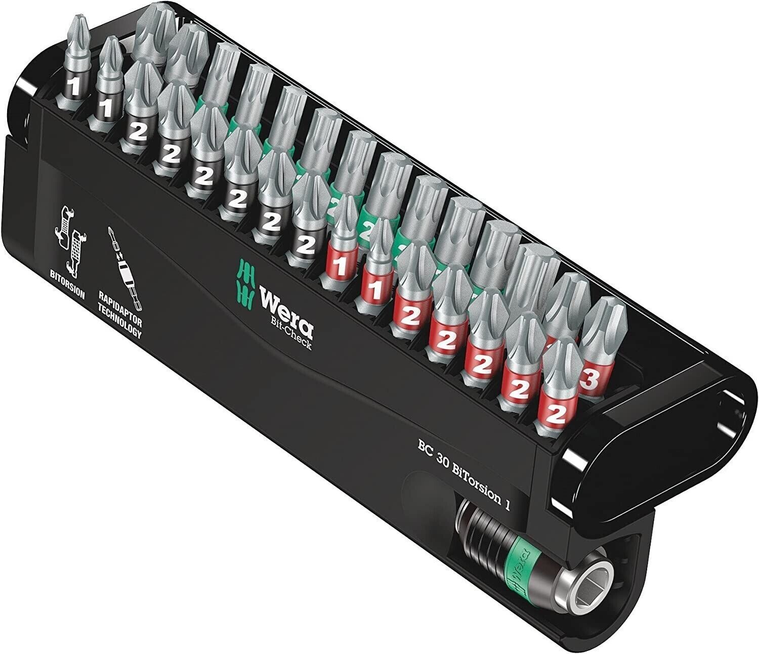 WERA 30Pc PH PZ & Torx Bi Torsion Screwdriver Bit Set & Rapidaptor Holder 057430