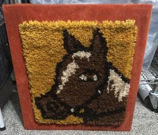 Vintage Latch Hook Rug Wall Hanging Horse Horsehead Mounted Wood Large