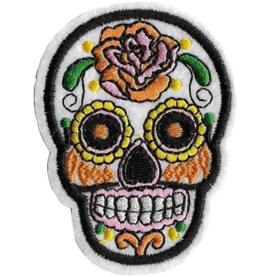 Weißer mexikanischer Tag der Toten Sugar Skull Bügelbild gestickter Aufnäher - SALE!
