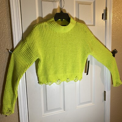 Almost Famous Women SMALL Crop Sweater Distressed Knit Bright Winter Pullover