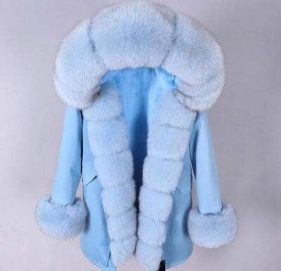 NEU! CARMEN CHARLOTT Luxus Echt Pelz Parka Mantel FUCHSPELZ Blau Größe 46