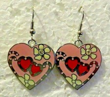 Pink Hearts  Flowers 1" Hook Dangle Earrings