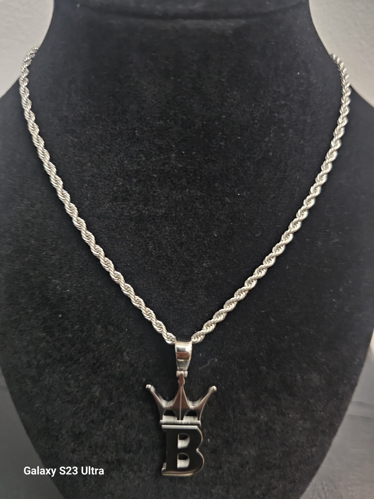 18in Stainless Steel-1 9mm  Rope Chain w/Metal Crown Letter B Pendant Charm image 2