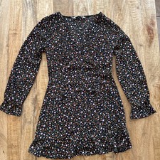 Zara Deep V-Neck Floral Earthy Smocked Waist Long Sleeve Boho Dress  Size small