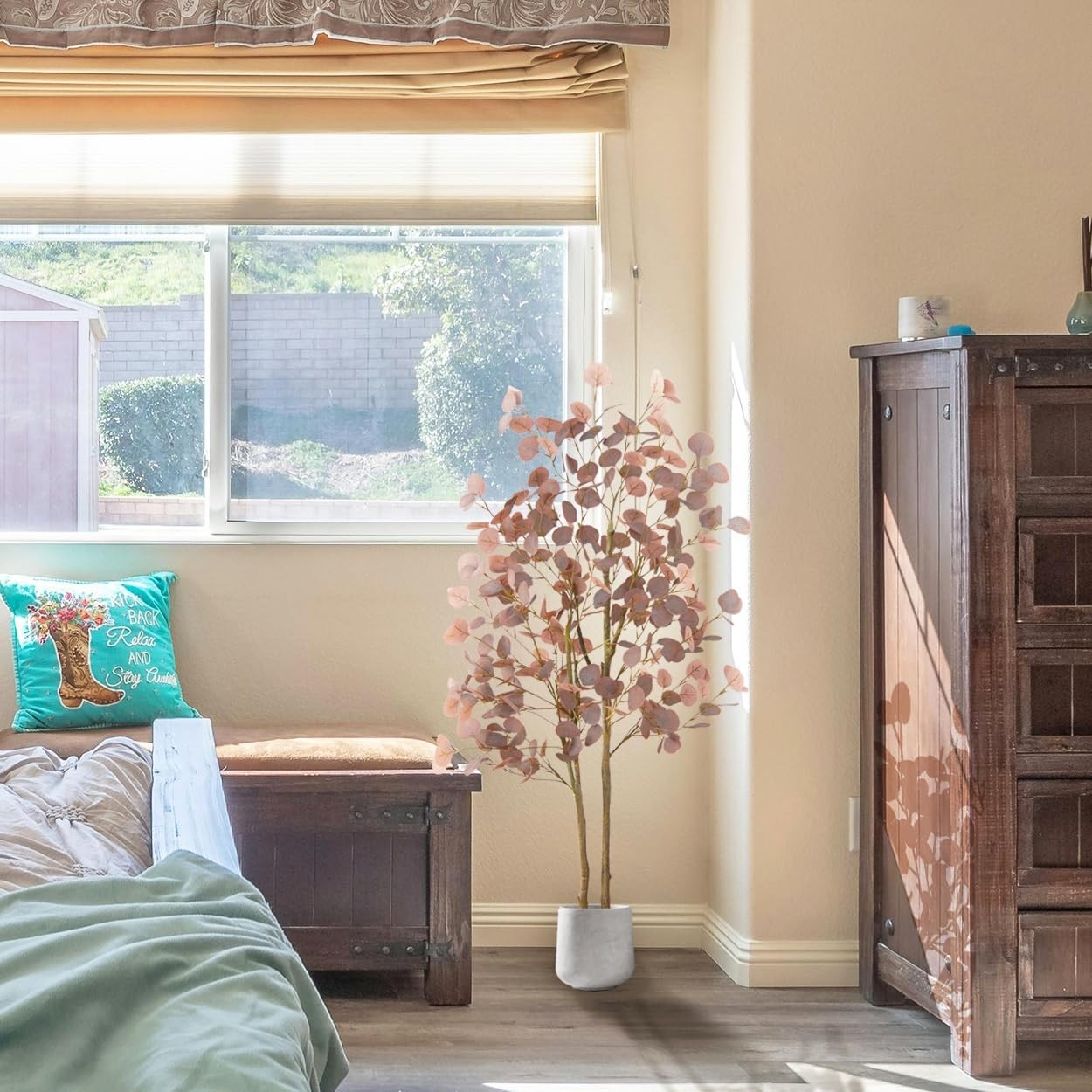 Artificial Eucalyptus Tree, 5ft Fake Eucalyptus Plant with Basket, Red Silver...