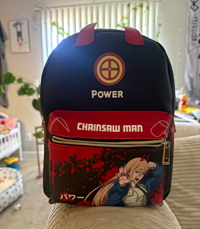 Loungefly Power Chainsaw Man Mini Backpack Black/Red Faux Leather, Pockets