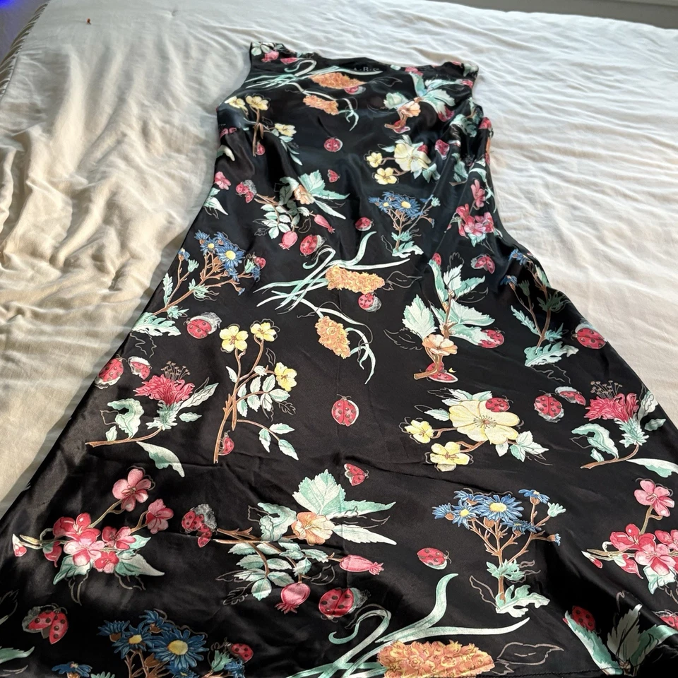 Винтажный 90-х ABS Allen Schwartz женщин черный атлас леди жуки цветочный платье Sz 10 - Изображение 2 из 4