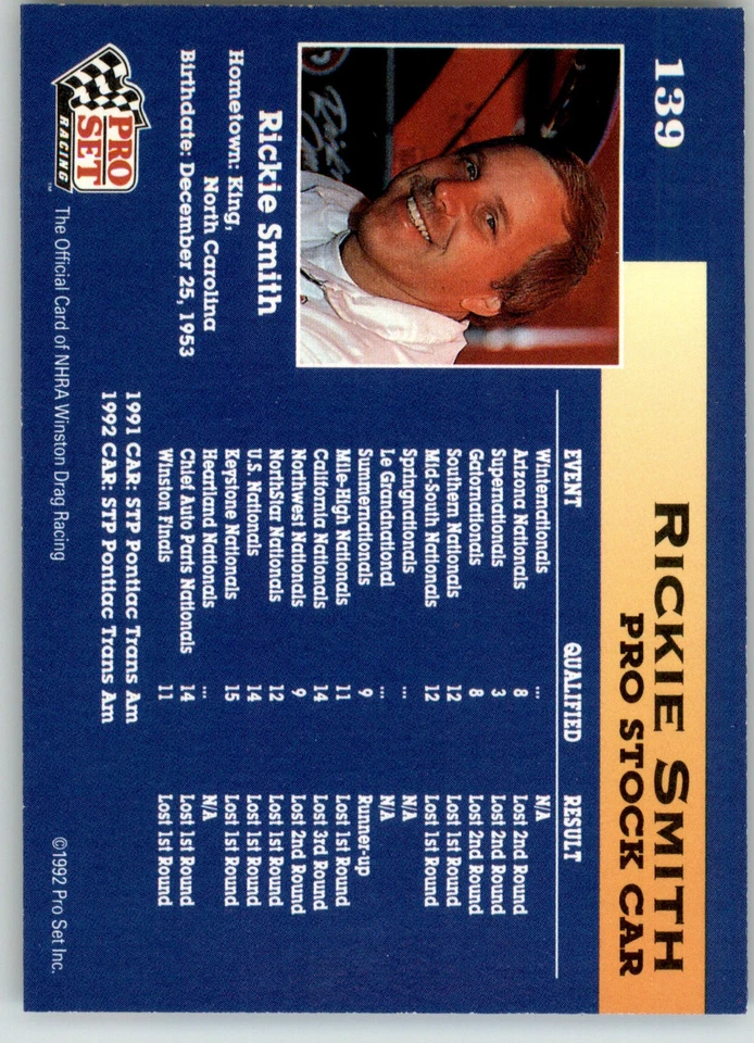 Rickie Smith - 1992 Pro Set NHRA - #139 - Racing - Image 2 of 2