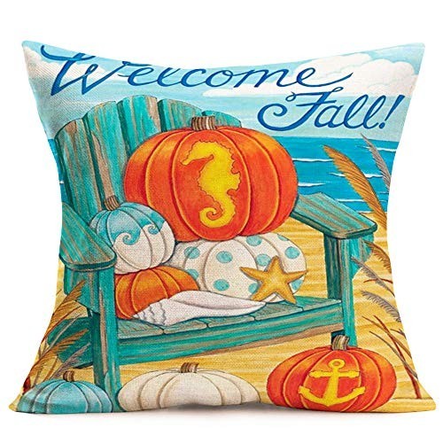 Set of 4 Welcome Fall Throw Pillow Covers Cotton Linen Ocean Beach Theme 18"x18" - Picture 3 of 5
