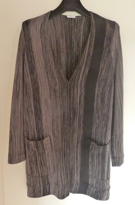Akris Punto Strickjacke 44 100% Wolle Grau Schwarz Streifen Longjacke Druckknopf