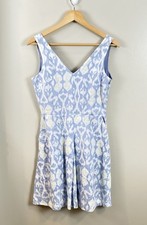GAP Dress Sz 2 100% Linen Ikat Pleated Mini Pockets Blue White Lined Coastal