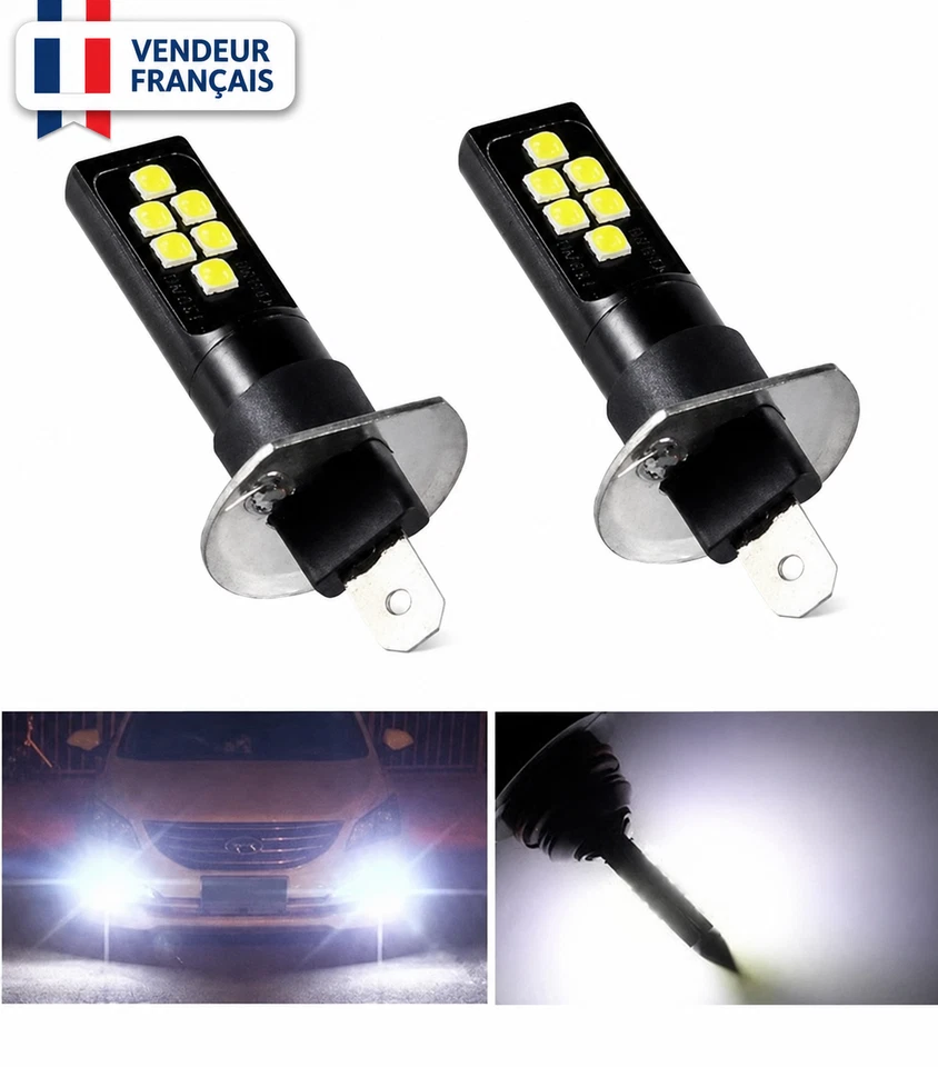 2x Ampoules H1 LED 12 SMD Blanc 6500K pour feux antibrouillards Auto Moto 12V - Photo 1/3