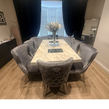 DFS Rectangular Marble Finish Dining Table 180x100cm & 8 Grey Chairs Set