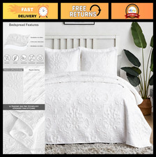 King Size White Quilt Set - Soft Lightweight Damask Bedspread, 3 Piece Bedding