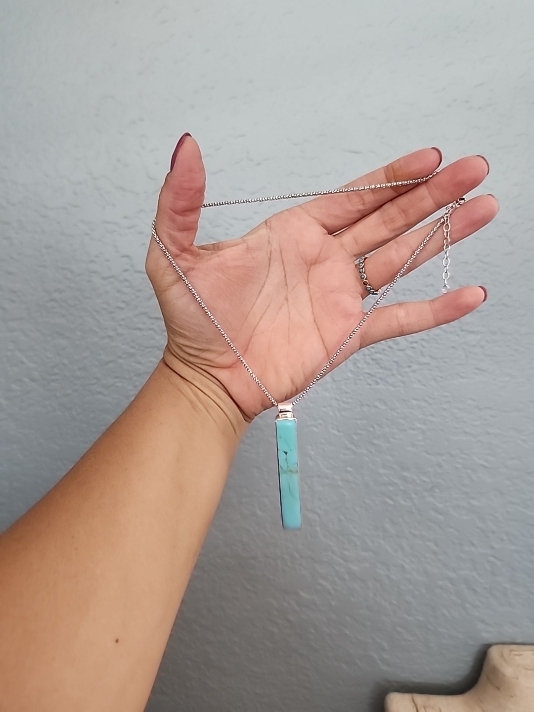 925S. Silver Turquoise Rectangular Bar Pendant Ne… - image 7