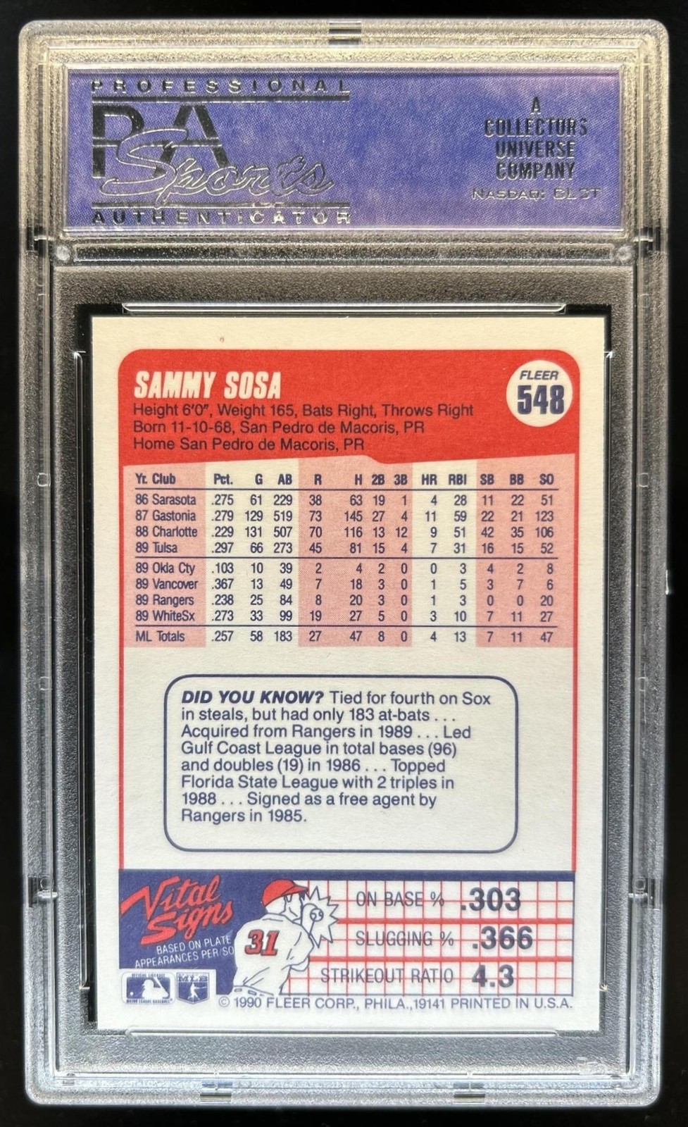1990 Fleer Sammy Sosa Rookie RC #548 White Sox PSA 9 view 2