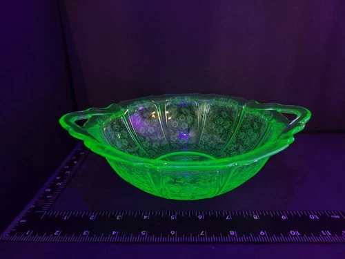 Uranium Glass Cherry Blosson Serving Bowl Green Glass Depression Glass 1930s USA