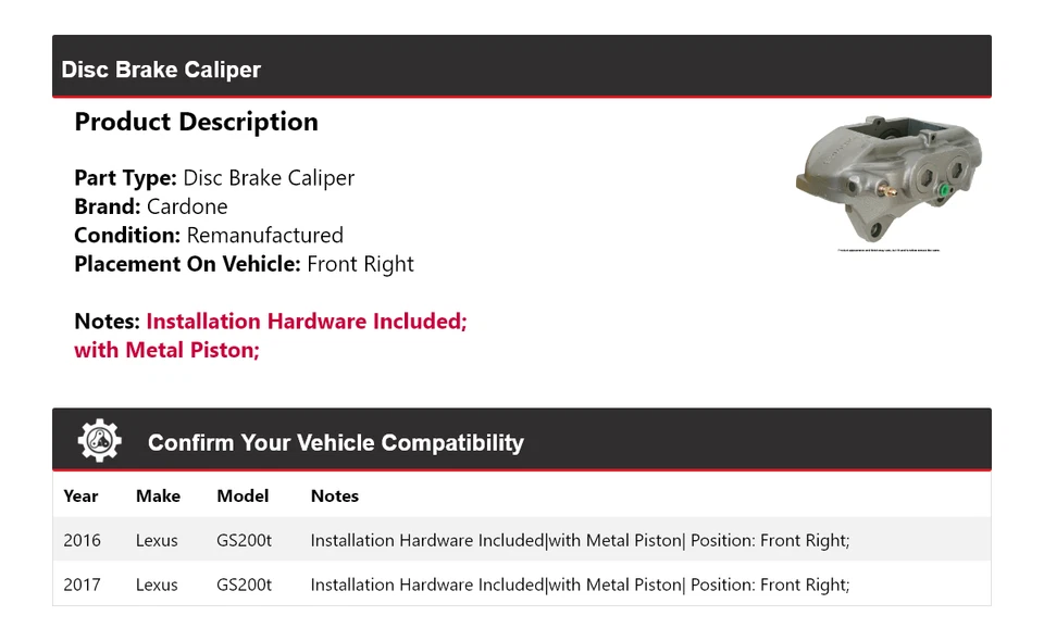 Pinza de freno de disco delantera derecha Cardone para Lexus GS200t 2016-2017 Foto 2 de 4