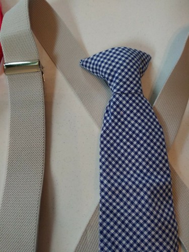 Boys 1 Blue Cotton Checkered, 1 Solid Blue, 1 Red 9.5" Tie And Grey Suspenders - Picture 7 of 12