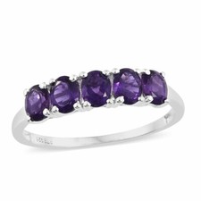 Natural Amethyst 5 Oval Stone Ring in Sterling Silver Size 5.0 1.87 ctw