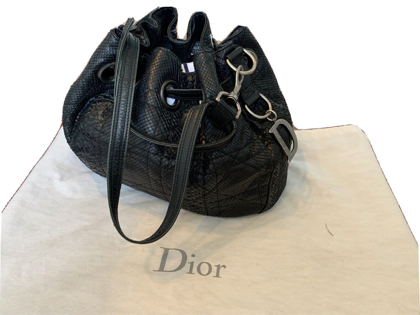 Auth. CHRISTIAN DIOR Limited Edition Quilted Cannage Black Phython  Snakeskin Bag