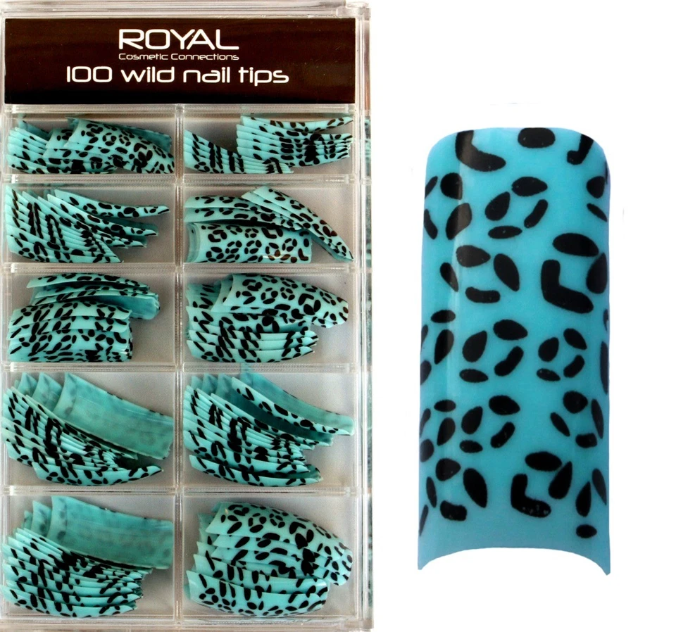 100 Faux ongles tips capsules - turquoise & noir animal de Royal - Wild Nails - Photo 1/1