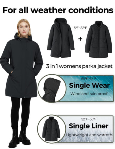 Ampake Women's Winter 3 in 1 Parka Coat Warm Puffer Liner Jacket Detachable Hood - Picture 17 of 46