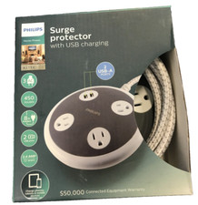 Philips 3-Outlet 450 Joules Surge Protector Orb  2 USB-A Ports 8ft Braided Cord