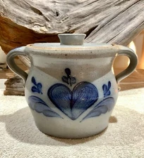 Handmade Rowe Pottery Stoneware Crock 1989 Two Handled 6.5” Heart Design