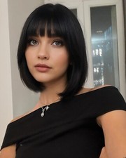 10" Short Bob Wig with Bangs Light Yaki Straight Synthetic Heat Resistant