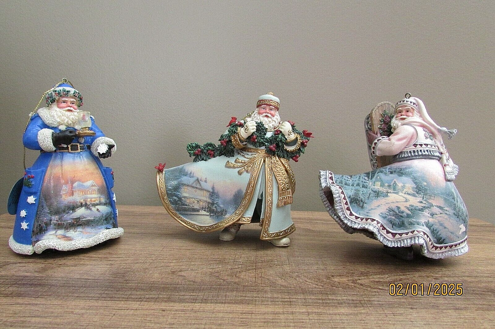 3 lot Thomas Kinkaid Old World Santa's Ornaments bringing home tree-night visit