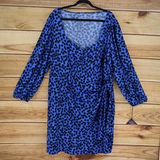 Ava & Viv Dress Womens Size 2X Blue Dots Stretch Knee Length Balloon Sleeves NEW