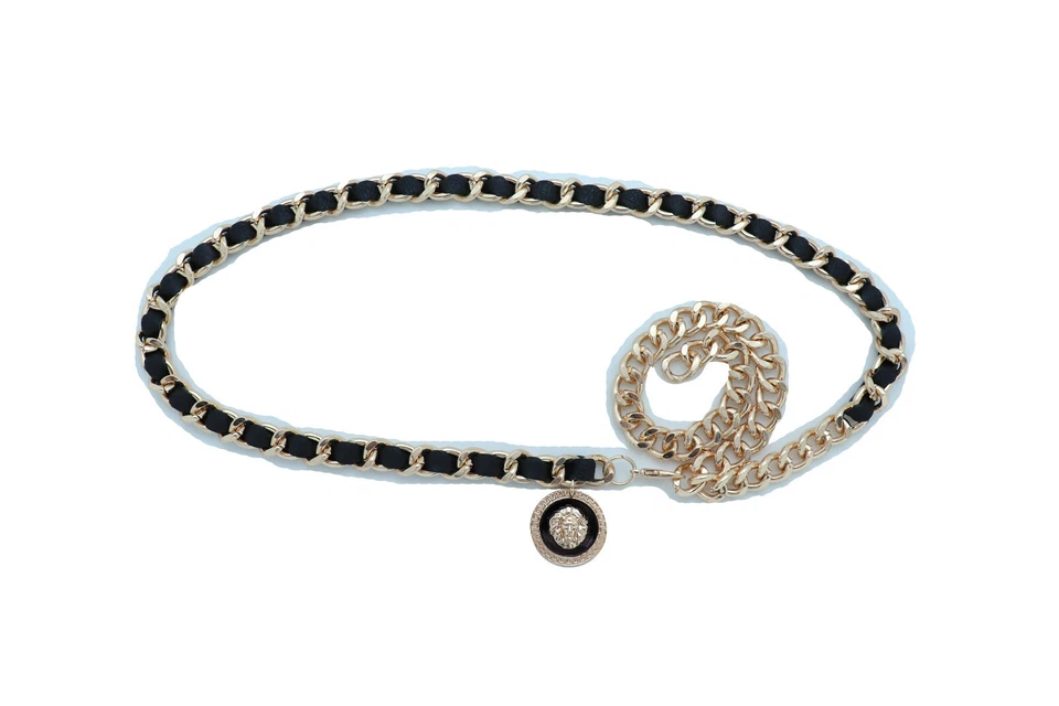 Women Hip Waist Black Band Street Wear Belt Gold Metal Chain Links Lion XS S M - Image 2 of 4
