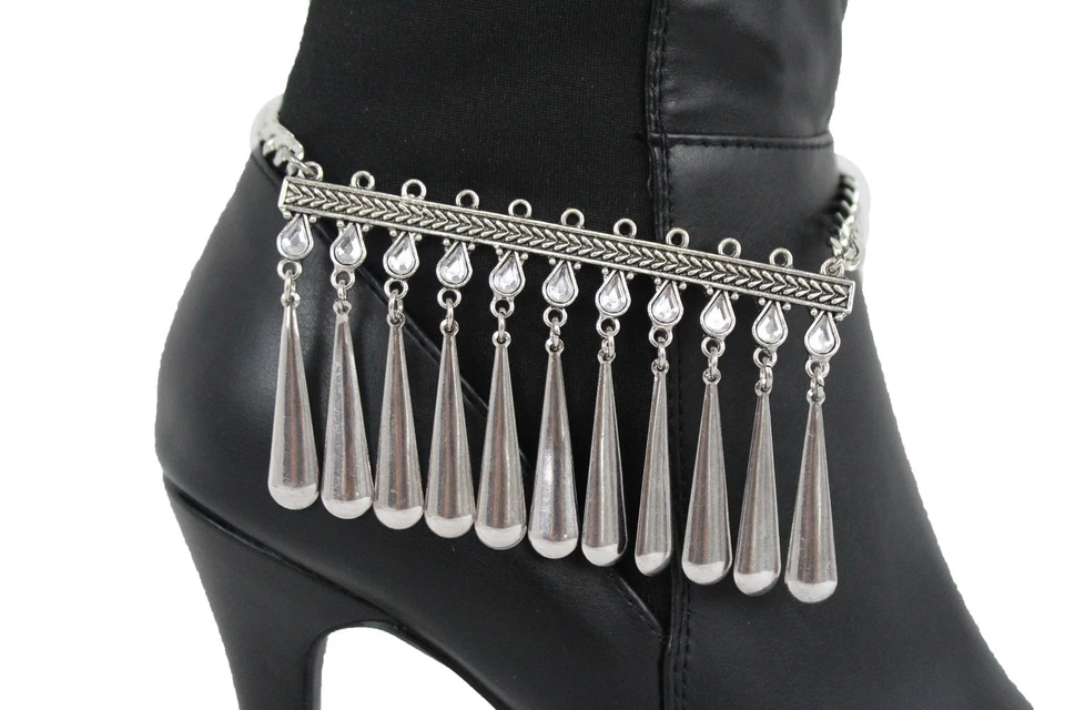 Women Silver Metal Chain Boot Western Shoe Jewelry Bling Bracelet Long Drops - Изображение 2 из 4