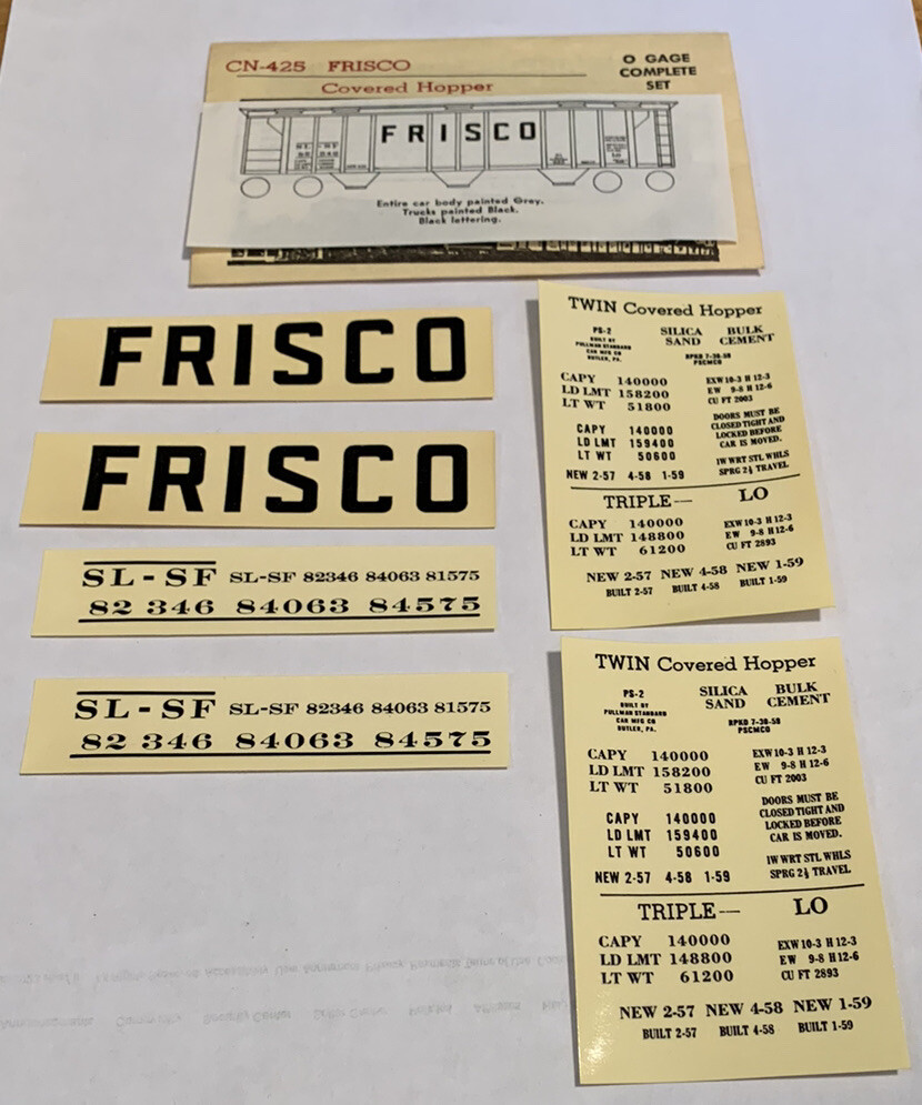 CHAMP O SCALE DECAL-FRISCO / SLSF COVERED HOPPER-GRAY CAR w/BLACK LETT  #CN-425