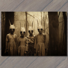POSTCARD Weird Creepy Vintage Look Vibe Kids Masks Halloween Cult Unusual Family