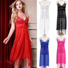 Lace Night Dress Tassels Skirt Fringe Sheer Lingerie V-neck Hollow Out Sexy