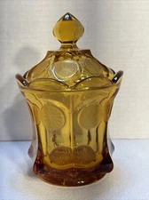 Fostoria AMBER Coin Glass Covered Candy Jar Dish Eagle and Torch 7" Vintage