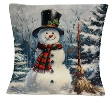 Snowman Snow Trees Whimsical Christmas Throw Pillow Cover Winter Holiday Decor
